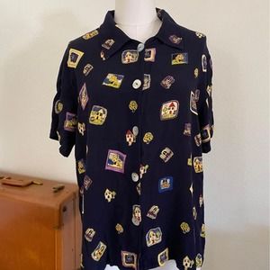 Vintage 1980s/90s David Dart Collection Saks Fifth Ave Navy Houses Stamp Blouse